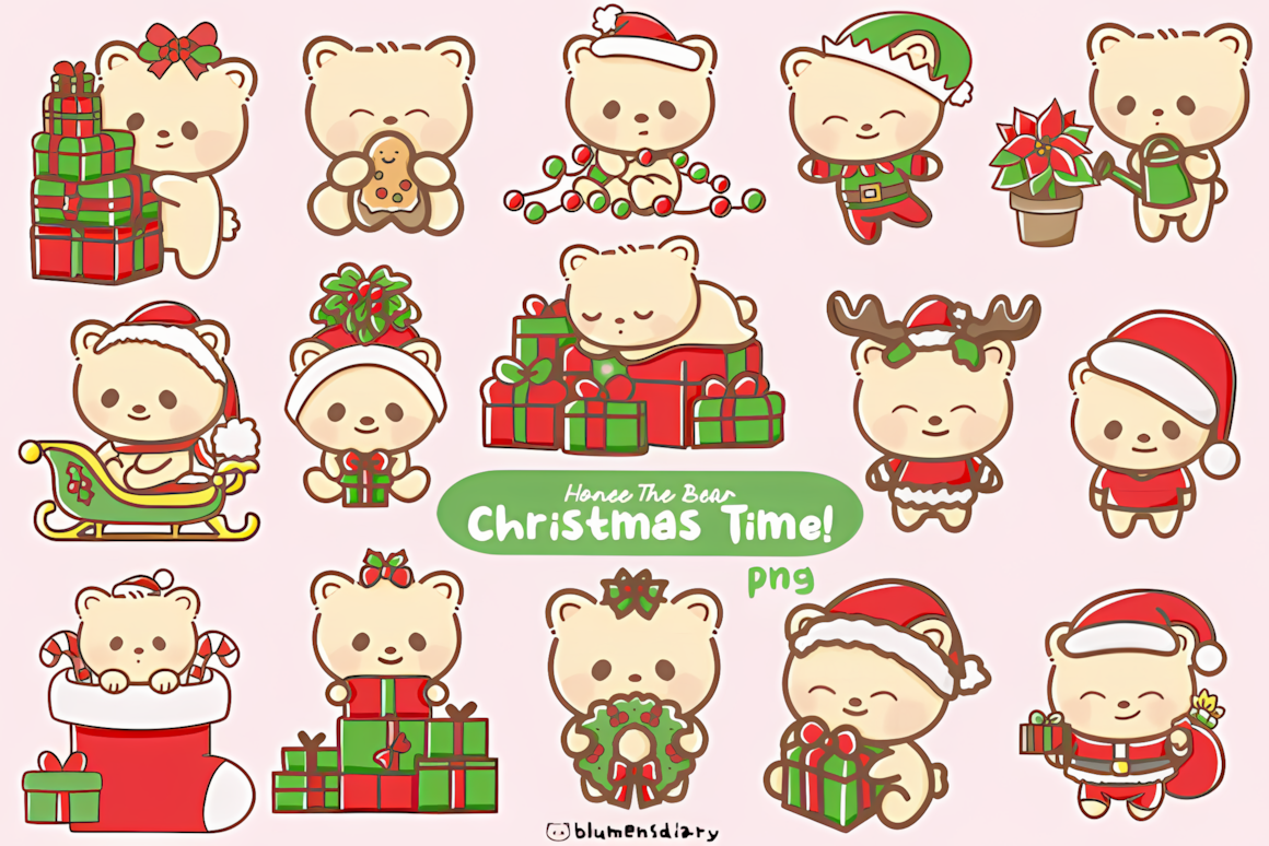 Teddy bears in pom-pom hats carrying presents, drawn as kawaii christmas clipart