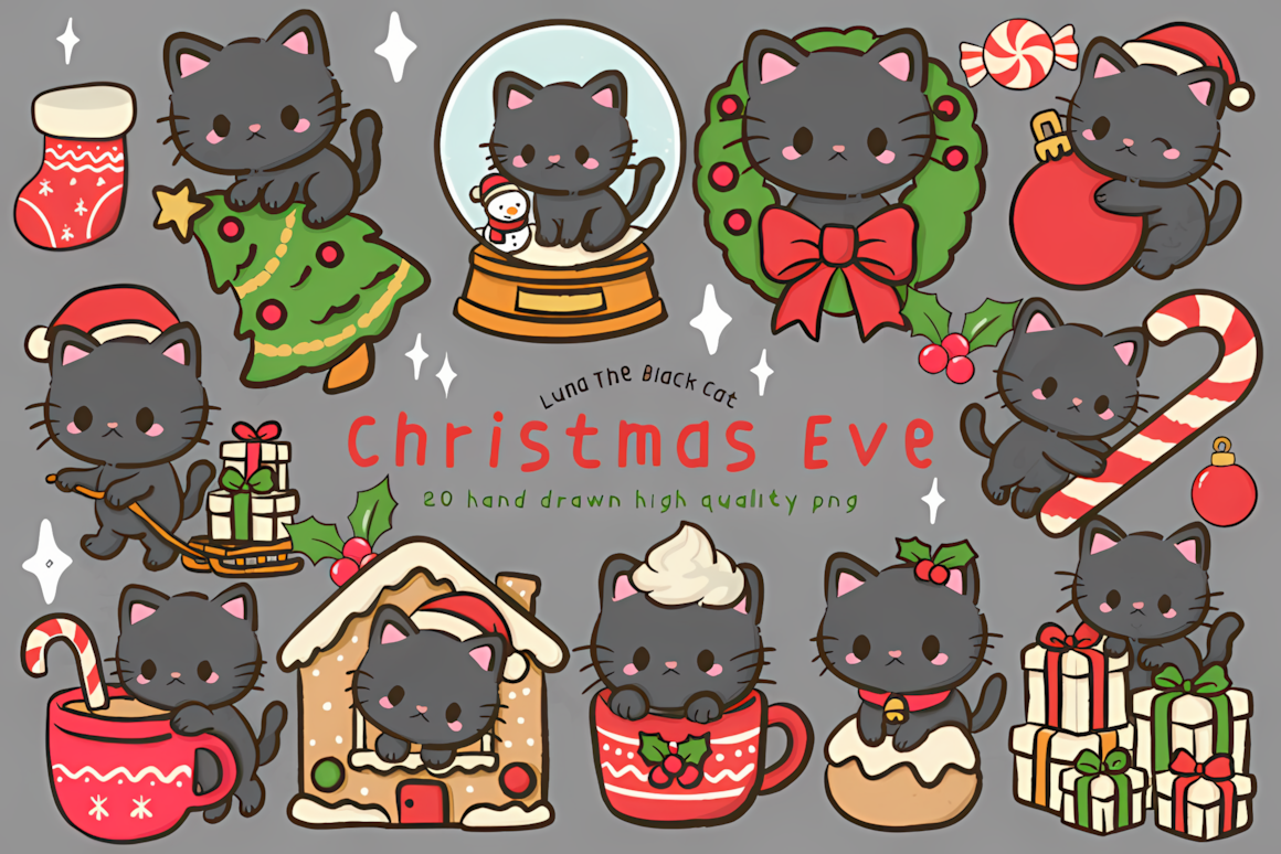 Black kitten gazing at twinkling lights on Christmas Eve in a kawaii christmas cat clipart illustration