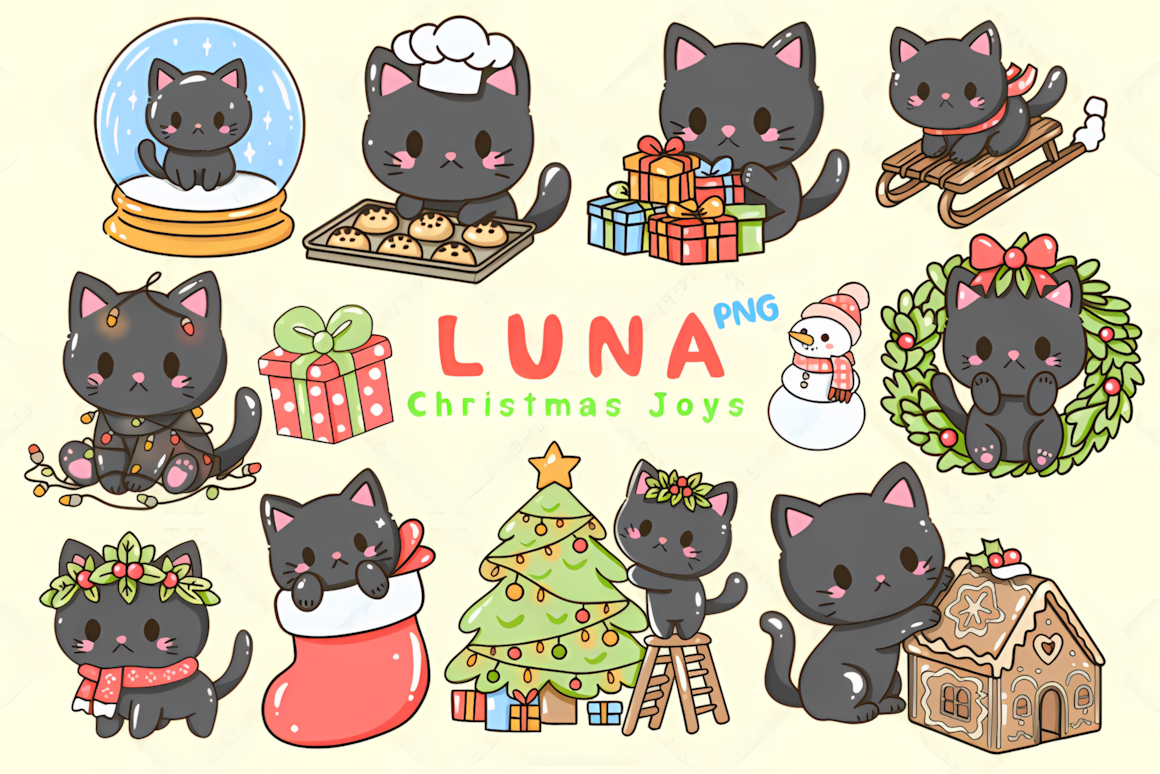 Smiling black kitten with a holly wreath and gifts from a kawaii christmas clipart set