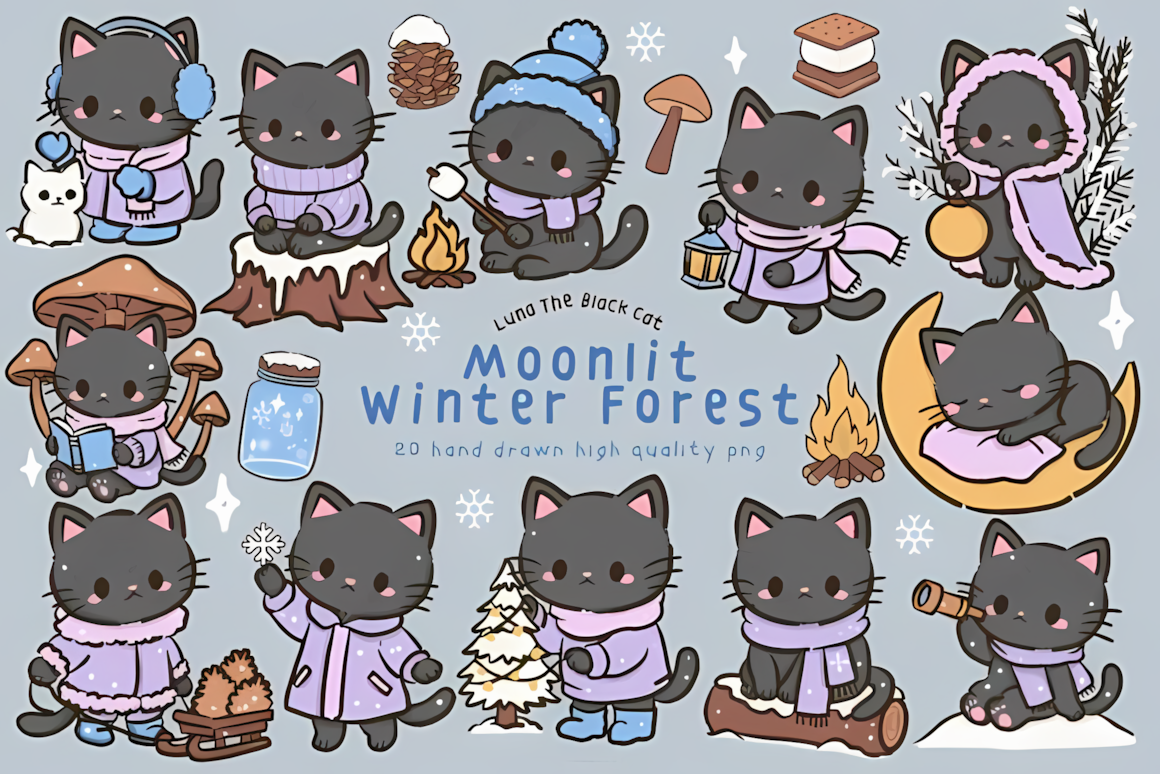 Black kitten sitting under snowy pines and a crescent moon in a kawaii christmas cat clipart scene