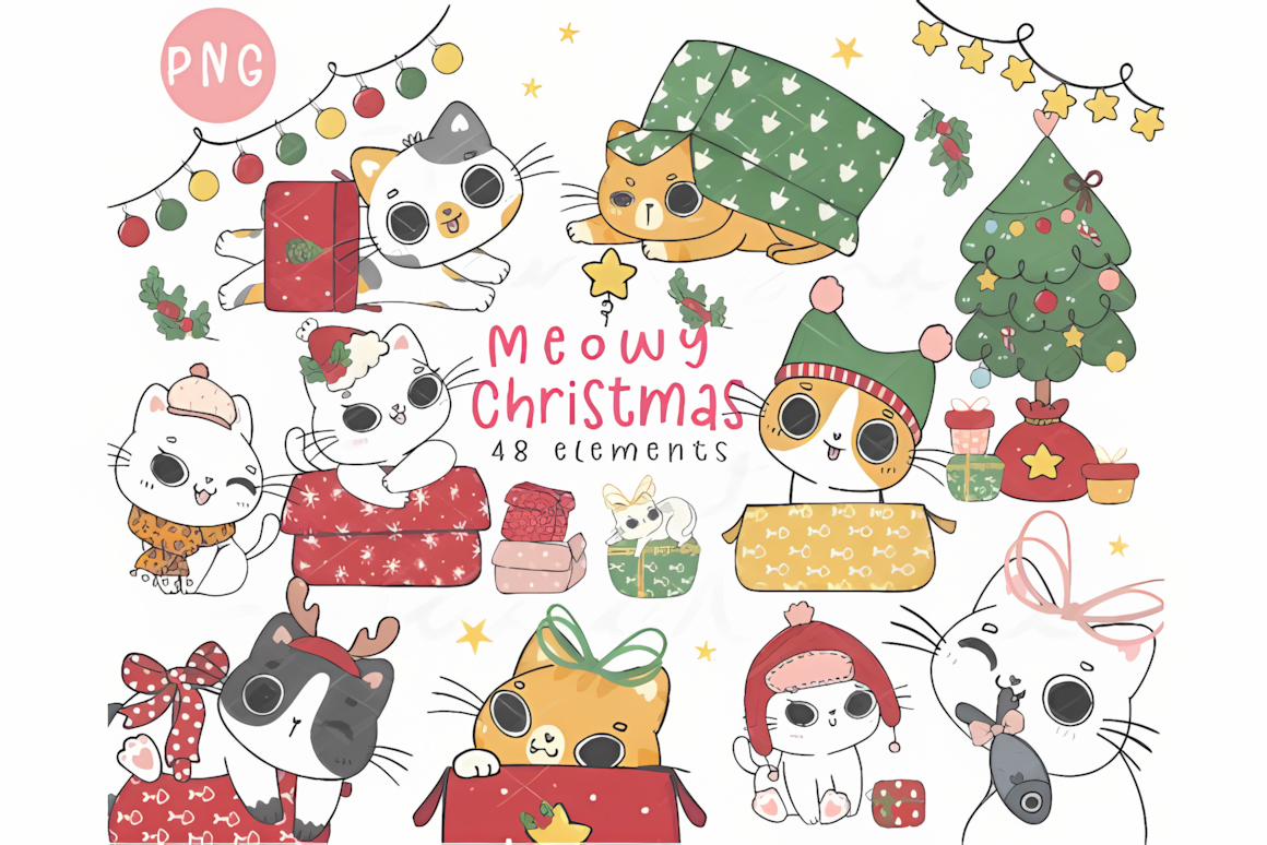 Tabby, calico and ginger kittens in knitted sweaters from a kawaii christmas cat clipart collection
