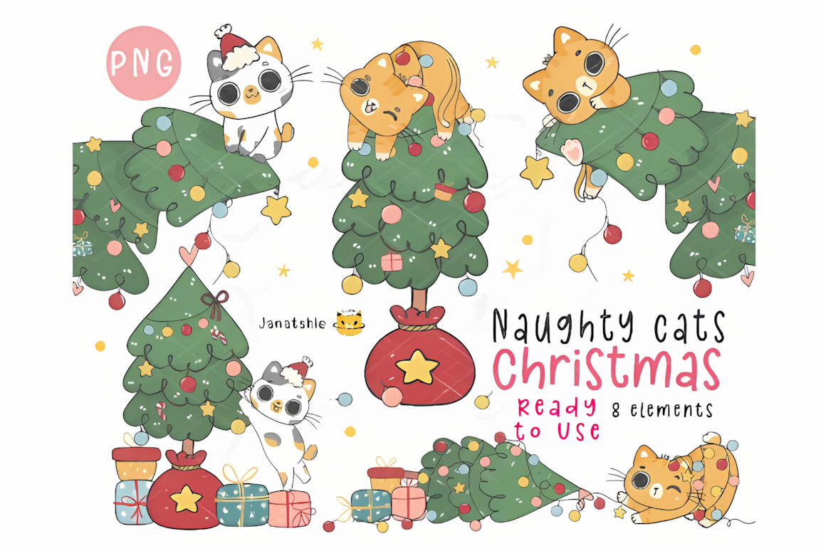 Mischievous kittens swinging from baubles in a kawaii christmas cat clipart set