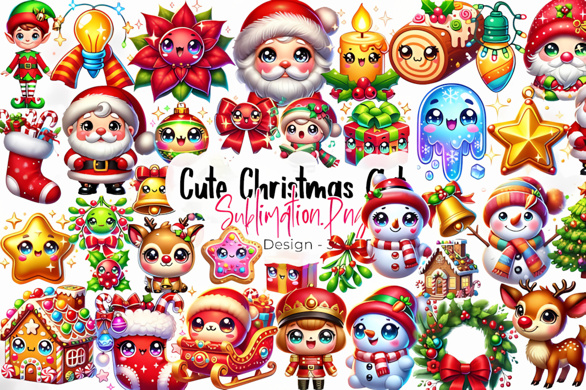Sixty cartoon characters from a kawaii christmas clipart bundle displayed in a colorful grid