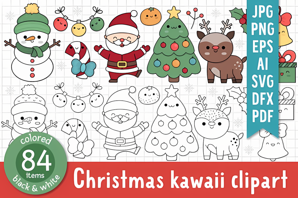 Smiling Santa beside a sparkling fir in a kawaii christmas clipart collection on a white background