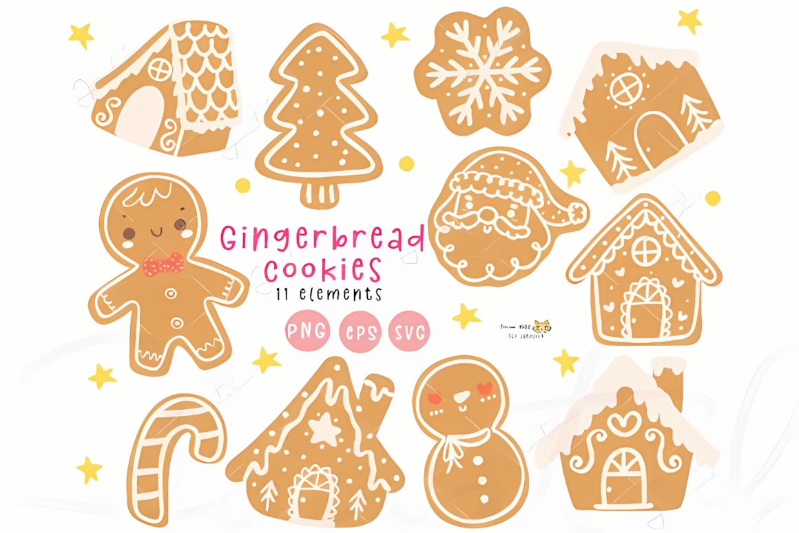 Smiling cookie men with icing details in a sweet kawaii gingerbread clipart pack