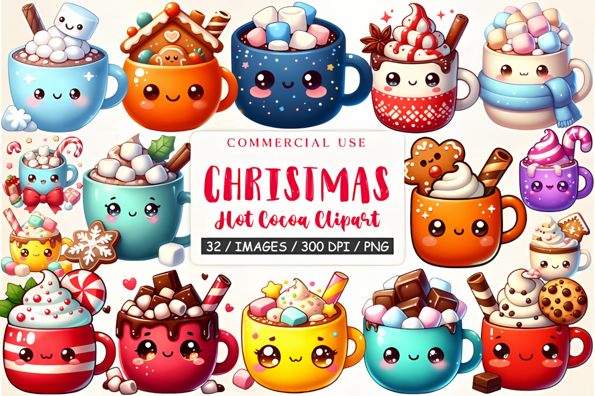 Mug topped with marshmallows beside cookies in a kawaii christmas clipart cocoa set