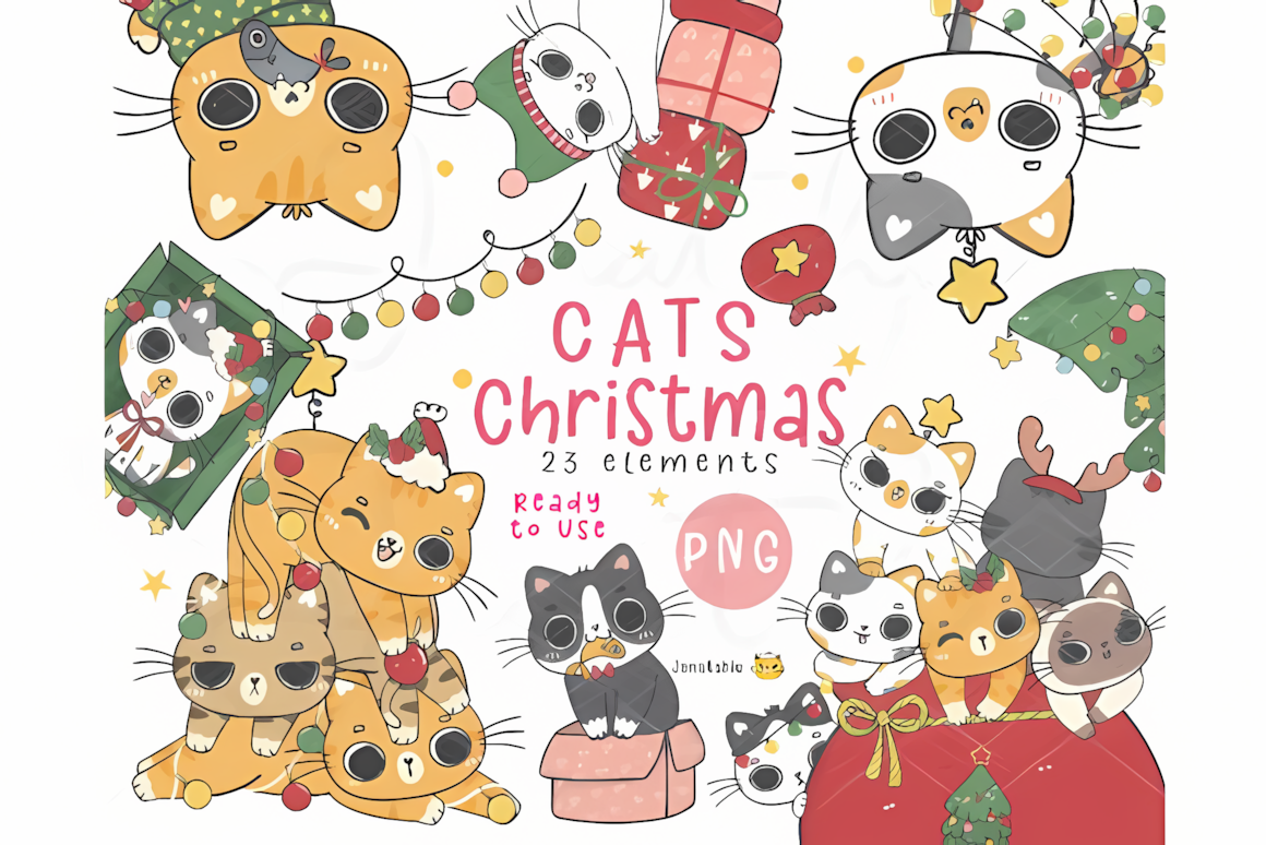 Giggling kittens in party hats around a festive table, drawn as kawaii christmas clipart