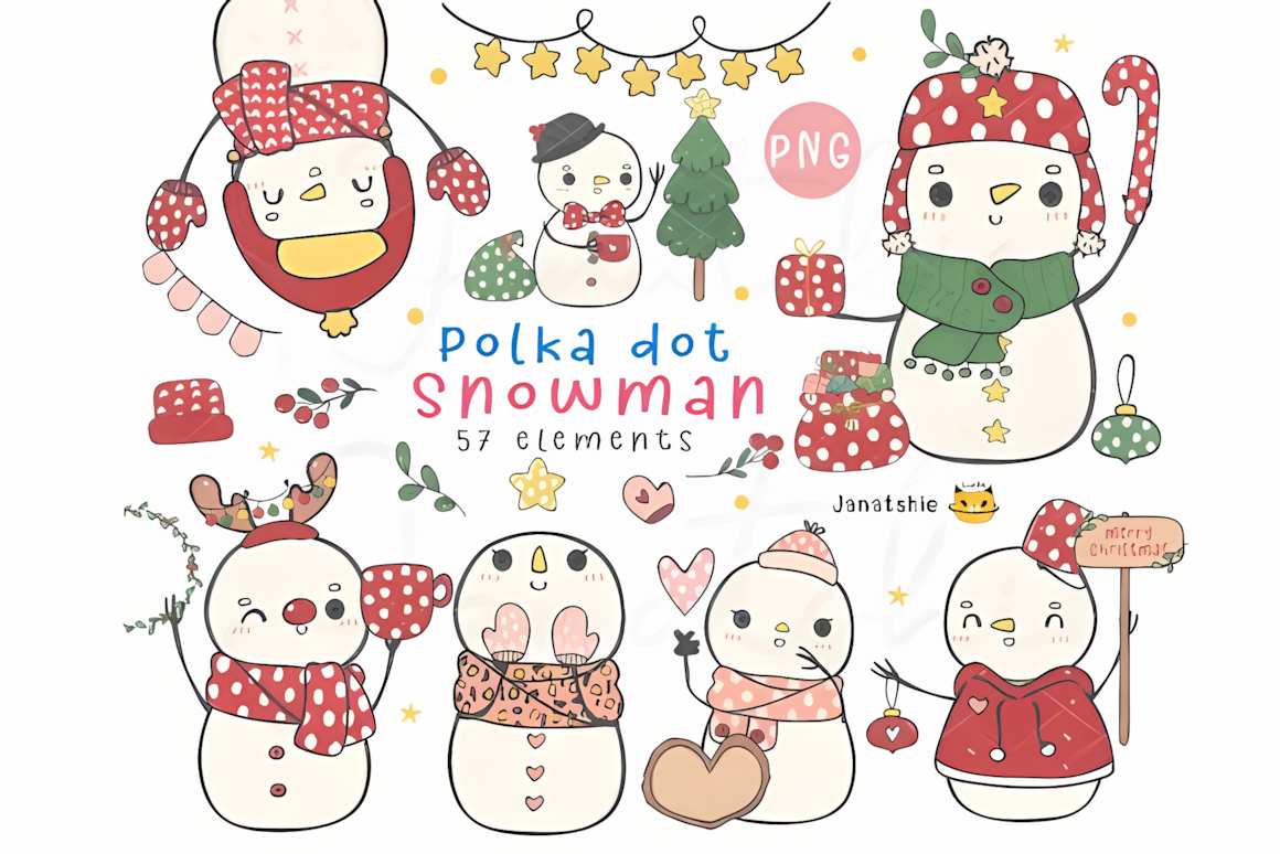 Hand-drawn snowmen with rosy cheeks as kawaii snowman sublimation designs for winter apparel