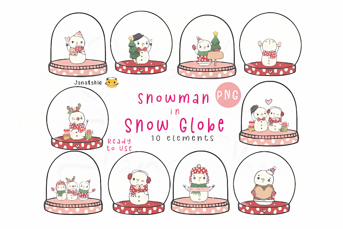 Tiny snowman waving inside a glass dome as kawaii snowman sublimation designs