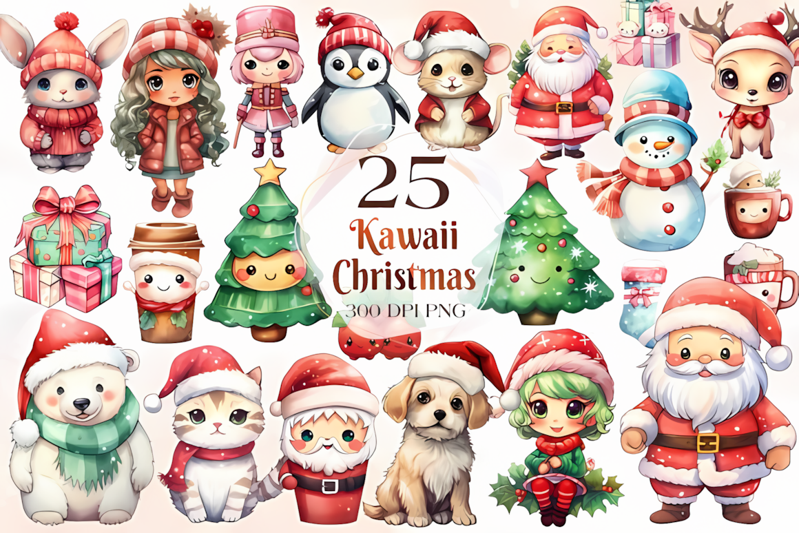 Smiling cat lady holding a mug and surrounded by kittens in kawaii christmas clipart