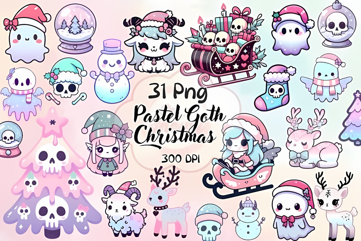 Soft watercolor skulls and moonlit ornaments in a kawaii pastel christmas png bundle