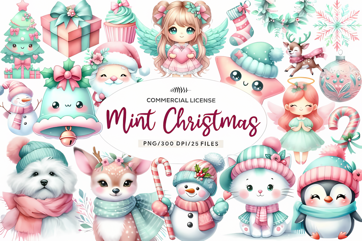 Mint trees, pink gifts and candy swirls in a kawaii pastel christmas png set