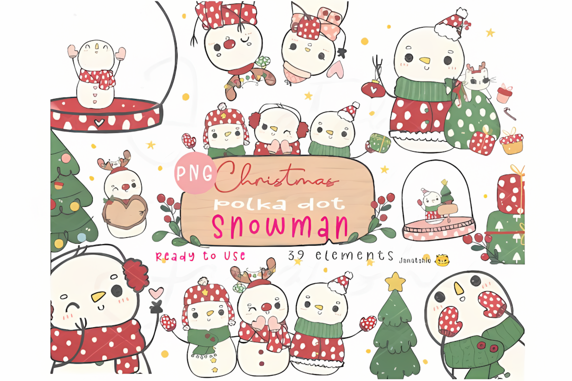 Dotted scarf and mitten details on kawaii snowman sublimation designs with transparent backgrounds