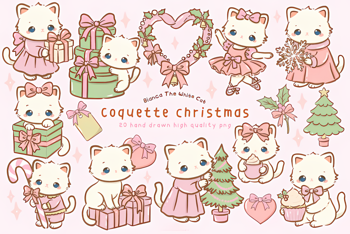 Fluffy white kitten in a ribbon bow and lace collar from a kawaii christmas cat clipart set