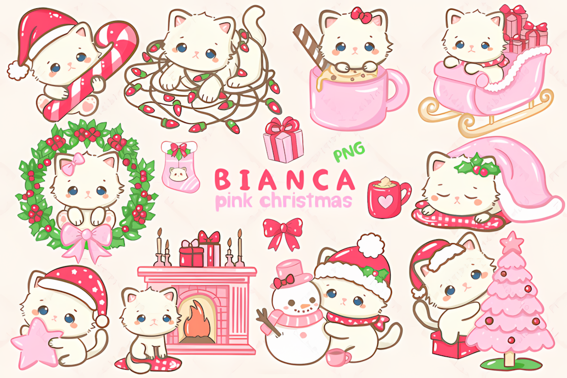 Snowy white kitten wearing a pink scarf in a kawaii christmas cat clipart illustration