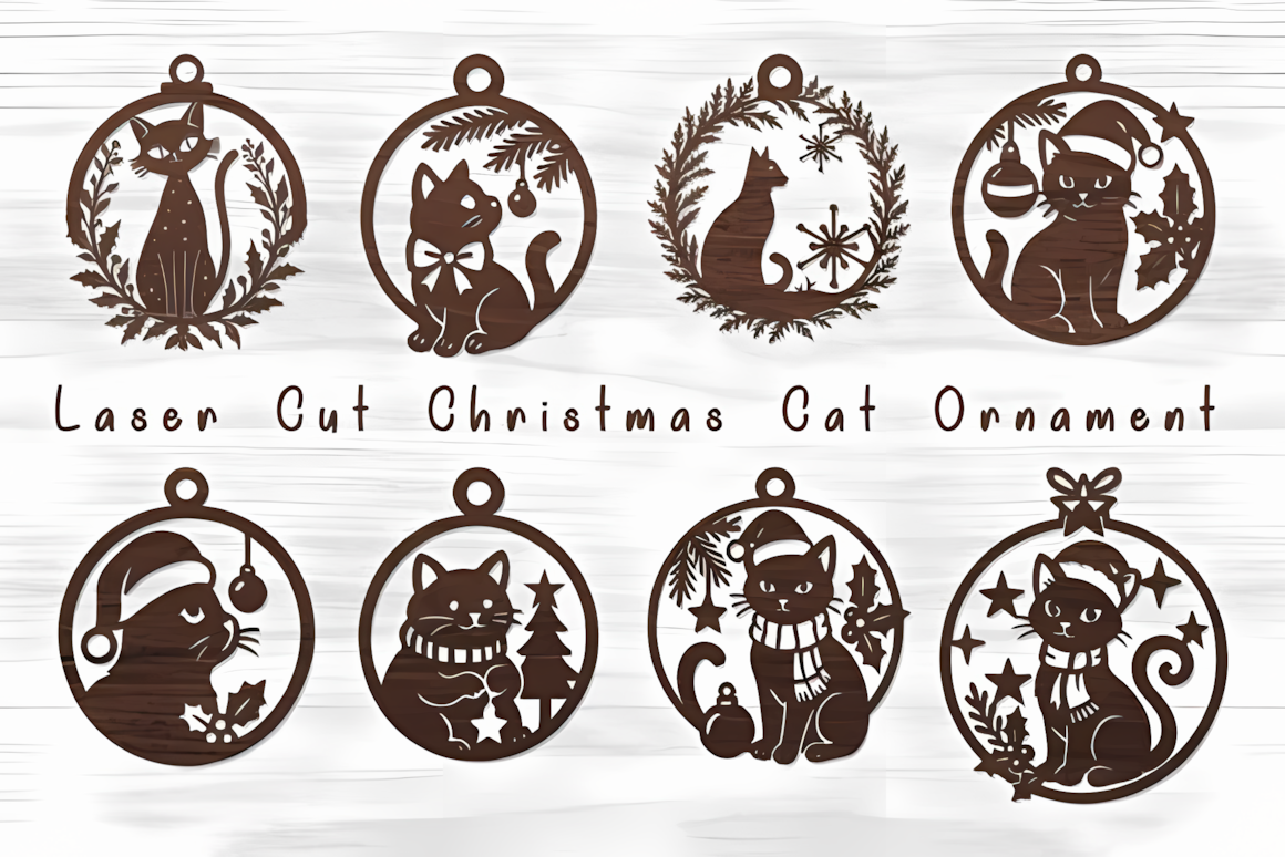 laser cut christmas cat ornament bundle for seasonal wood crafting