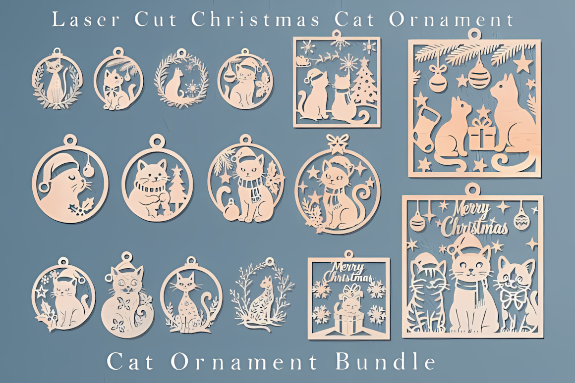 laser cut christmas cat ornament bundle vector files for laser cutting