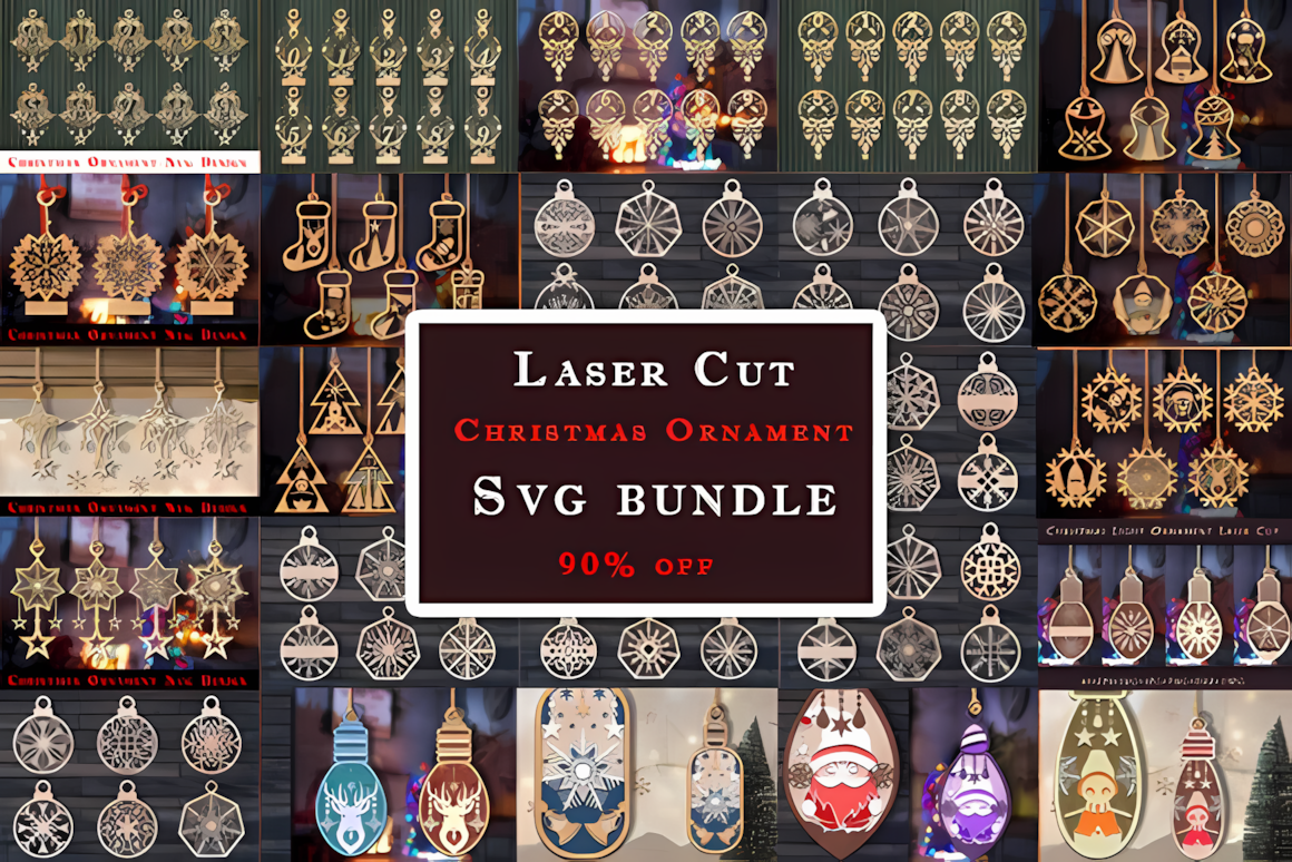 Stacked paper-style scenes inside a layered christmas ornament svg bundle shown in warm festive colors