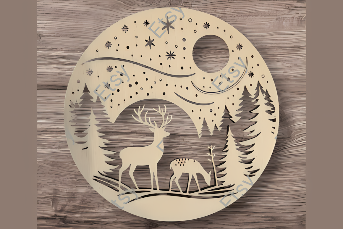 Quiet stag standing in a snowy valley under pine trees in a christmas animals ornament laser cut scene