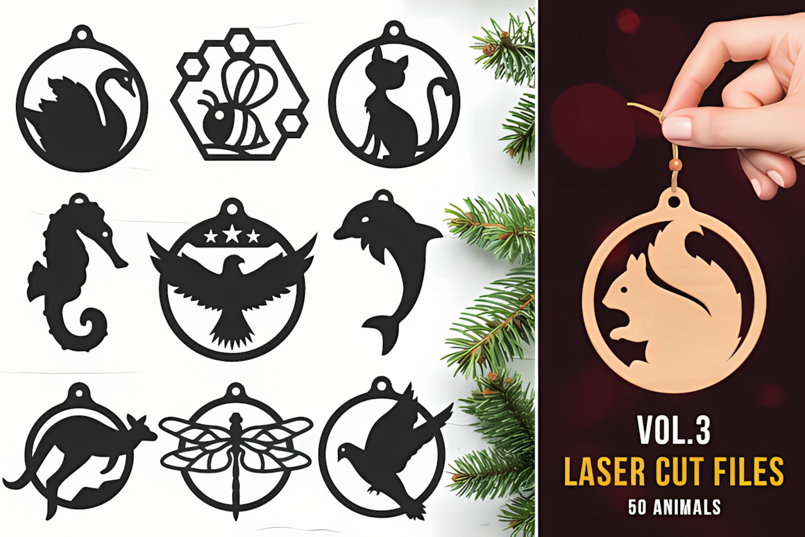 Fifty creature silhouettes from fox to owl on tree hooks in a christmas animals ornament laser cut collection