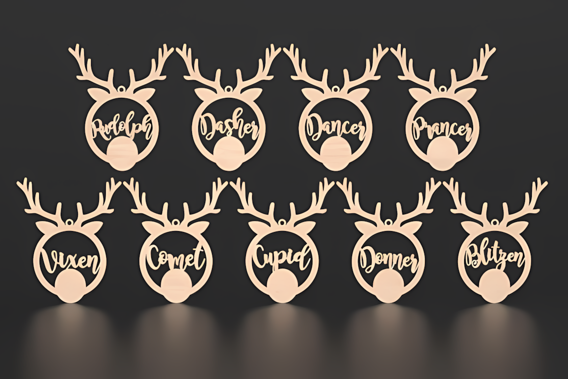 Santa’s sleigh team shown as round baubles with filigree patterns in a reindeer ornament laser cut svg