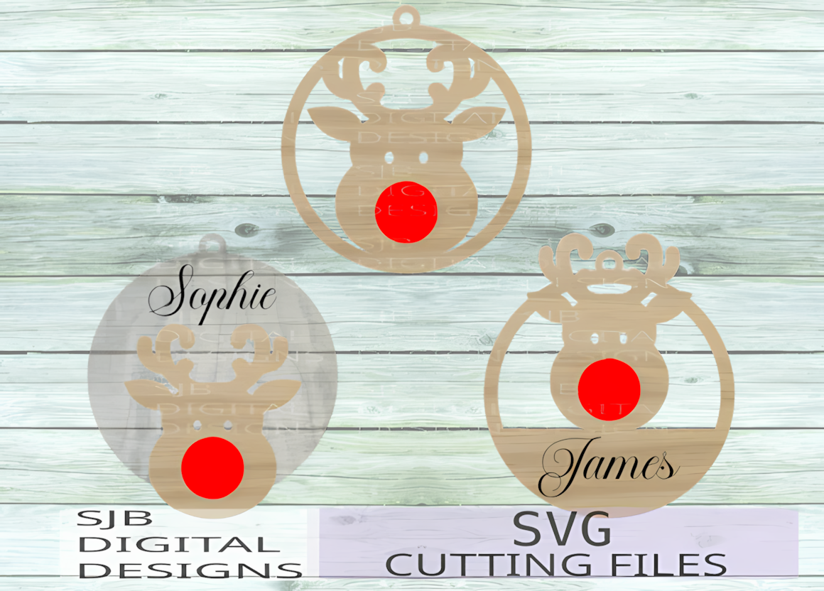 Antlered silhouette inside a decorative circle with snowflakes as a reindeer ornament laser cut svg