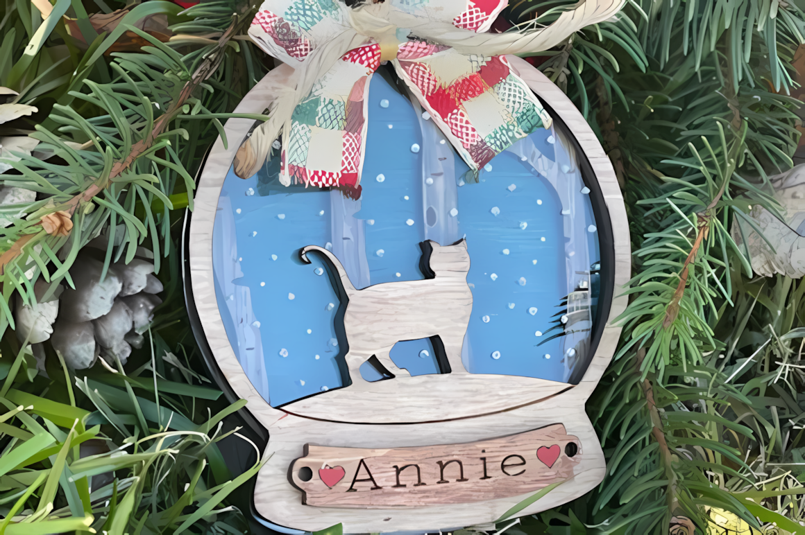 layered cat snowglobe laser cut ornament svg pattern for plywood