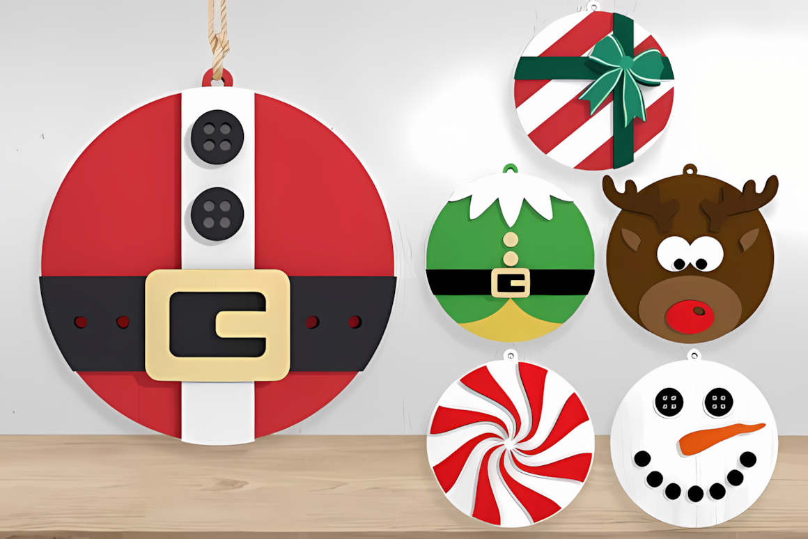 Six dimensional winter scenes from a laser cut christmas baubles collection under a string of lights