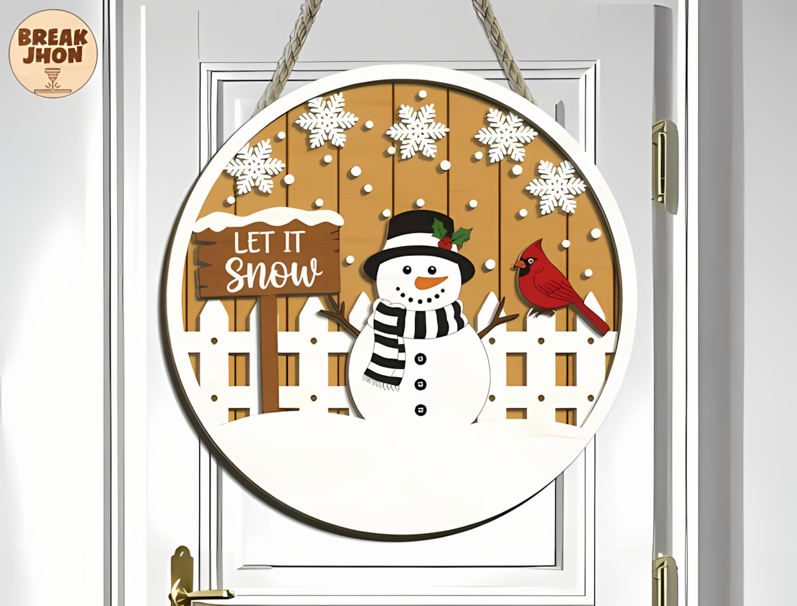 Coal-eyed figure holding a broom on a snowman welcome sign laser cut against falling flakes