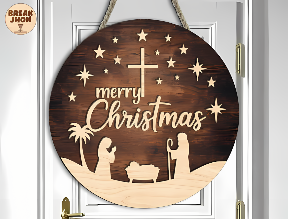 layered wood christmas sign svg with manger, guiding star and cross