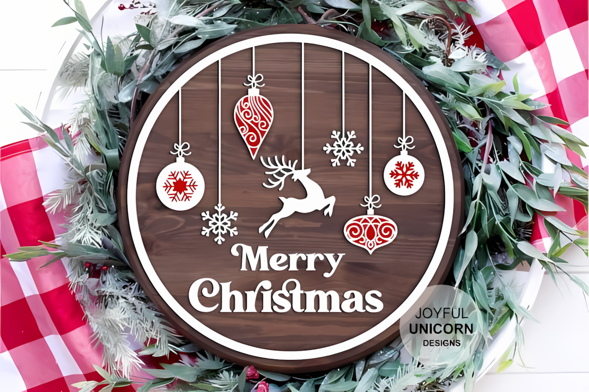 christmas round sign laser cut with festive lettering for wood and acrylic