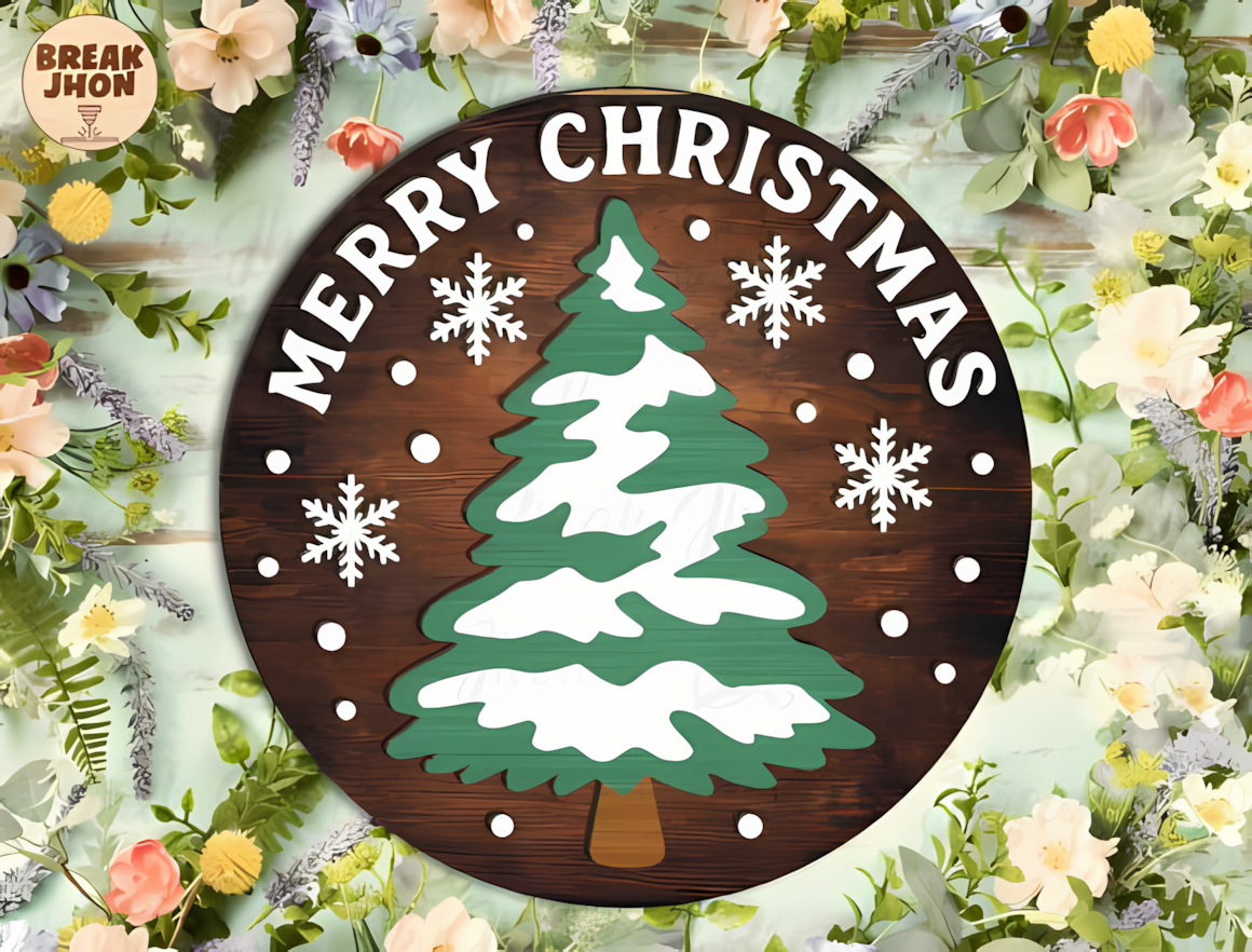 christmas round door hanger svg with a snow dusted evergreen and delicate flakes