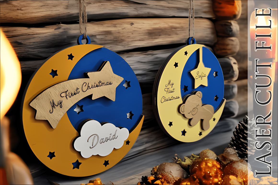 Crescent moon holding a sleeping bear and a fluffy cloud in a laser cut bear ornament bundle