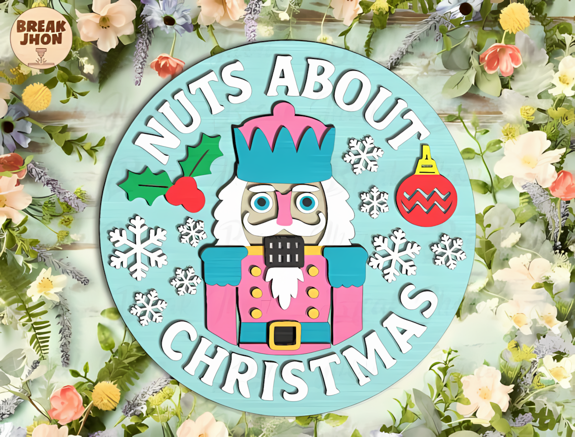 christmas round door hanger svg with a colorful nutcracker, holly and ornaments
