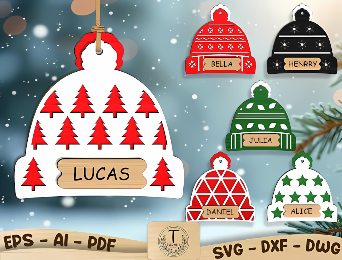 winter hats bundle personalized christmas ornament laser cut