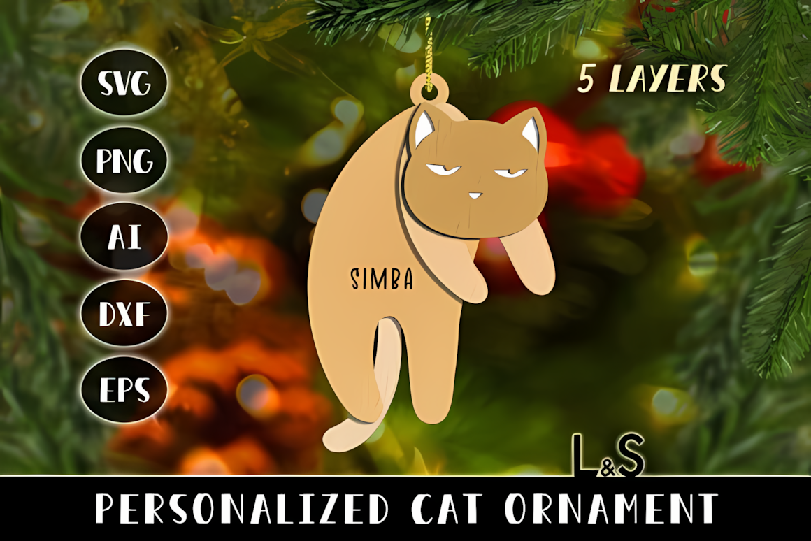 personalized cat ornament with name slot laser cut svg template