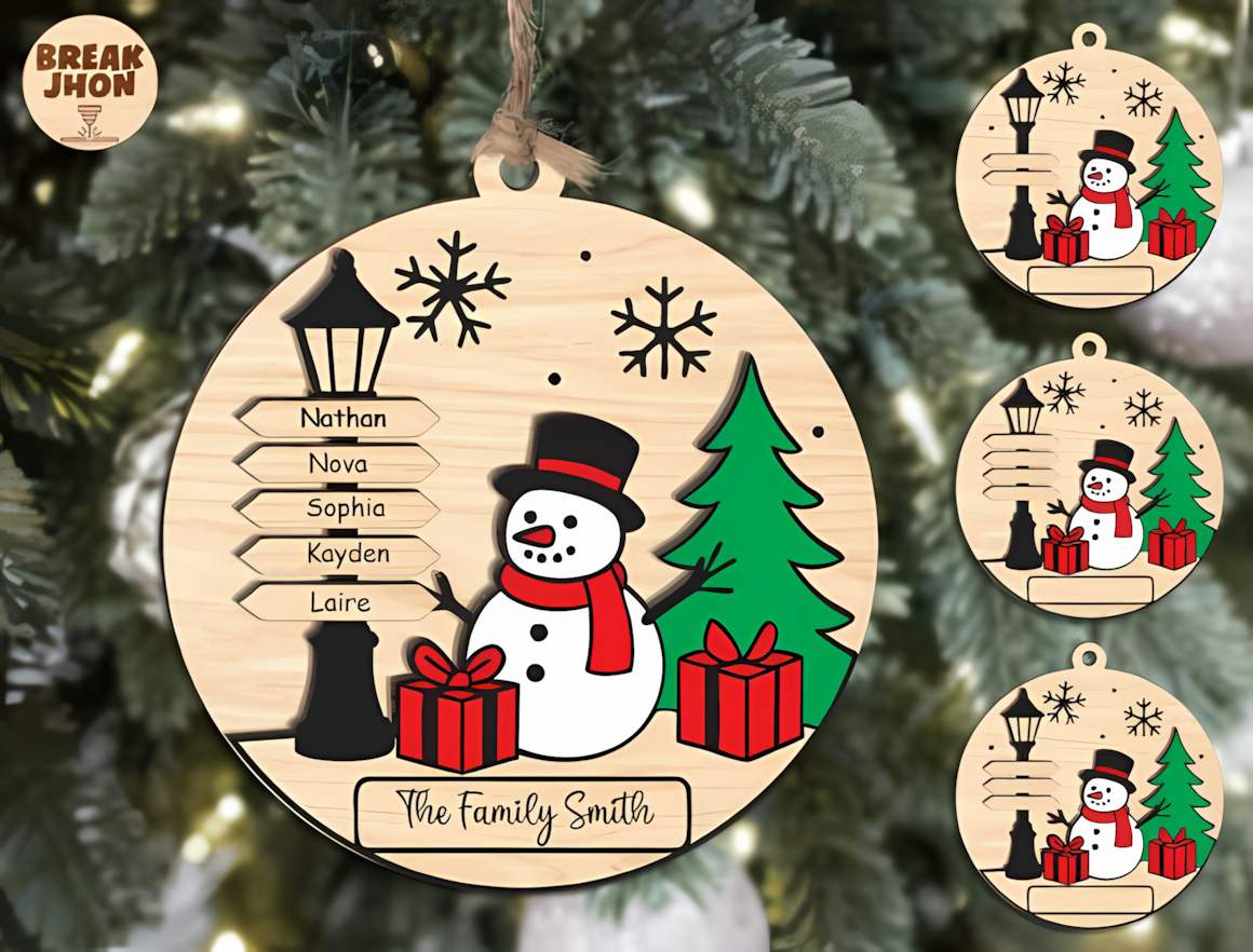 layered wooden snowman personalized christmas ornament laser cut