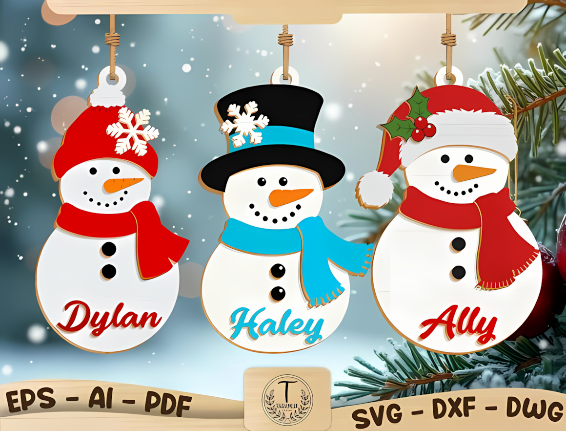 three snowmen hats personalized christmas ornament svg template