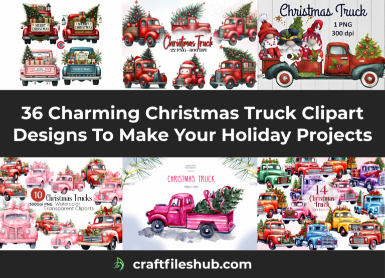 christmas truck clipart collage showing vintage red and pink watercolor pickups loaded with trees and gifts, a gnome trio riding an old truck, and colorful retro truck bundles