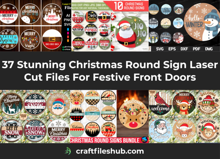 Collage of christmas round sign laser cut files for front doors, featuring layered wood round signs with Merry Christmas lettering, Santa, snowman, reindeer, cardinal, and highland cow designs in SVG, DXF, and PDF formats.