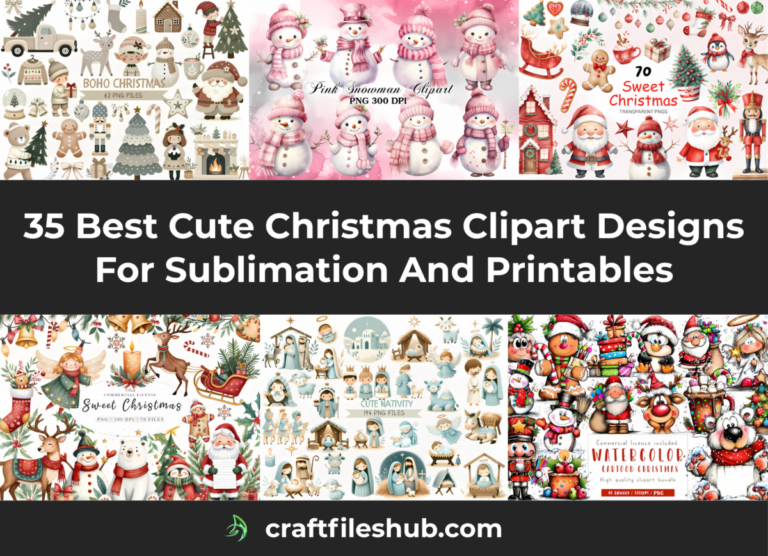 Cute Christmas clipart designs for sublimation and printables featuring boho Christmas elements, pink snowman characters, sweet Santa and nutcracker illustrations, a nativity scene set and watercolor cartoon holiday characters