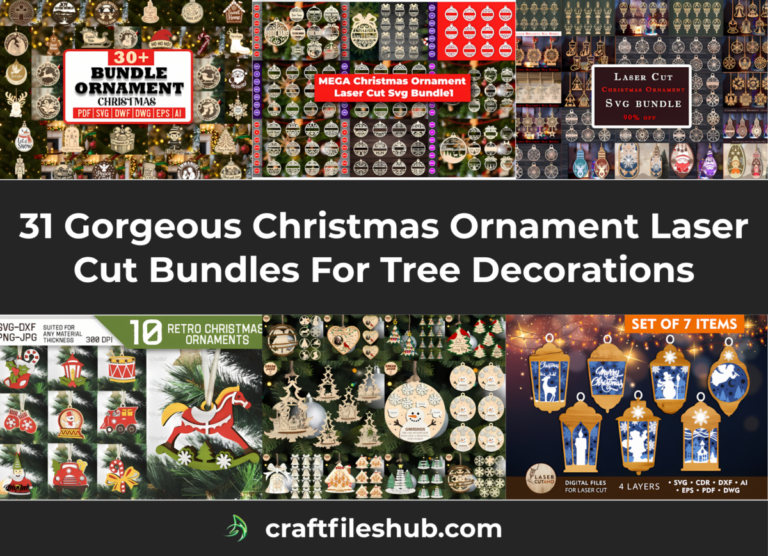Christmas ornament laser cut bundles for tree decorations featuring mega bauble sets, wooden snowflake and village ornaments, retro rocking horse designs and a set of seven layered lantern ornaments