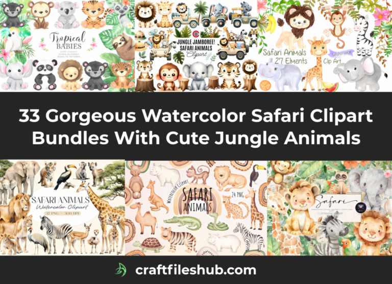 Gorgeous watercolor safari clipart bundles with cute jungle animals showing tropical baby animals, safari jeep adventure characters, savanna wildlife with giraffes and zebras, rainbow desert animals and baby lions among colorful leaves