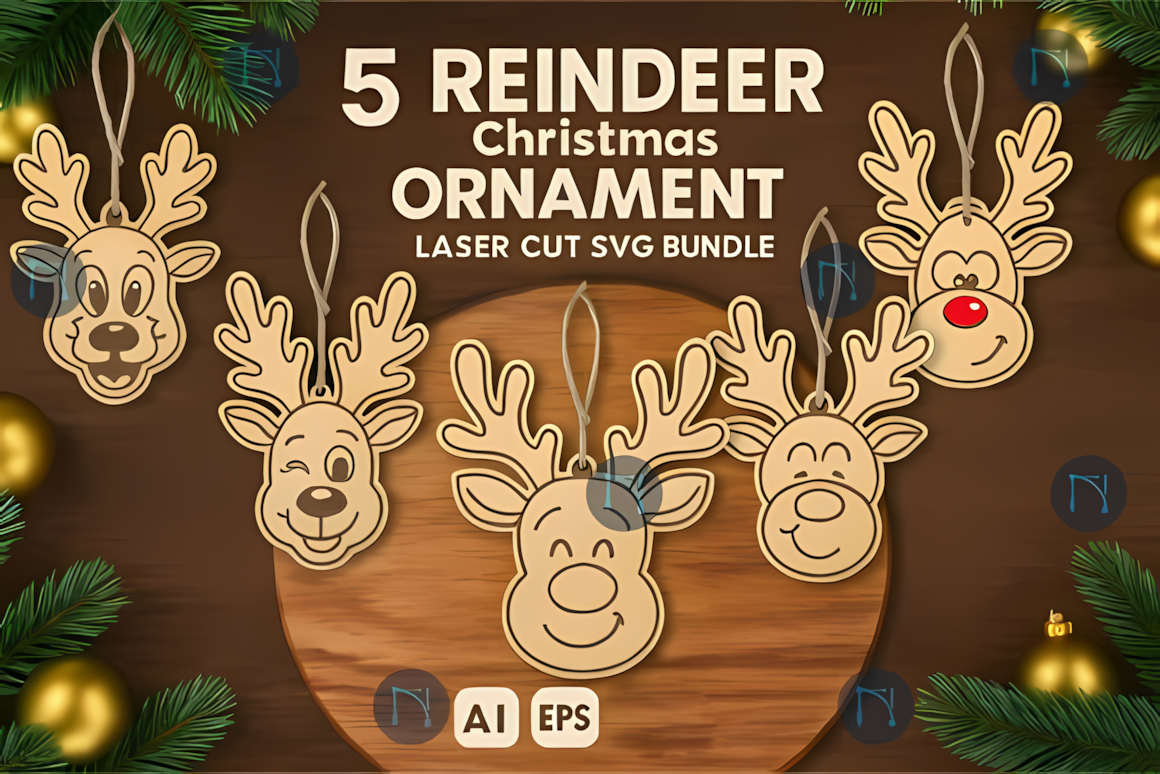 Five cheerful antlered ornaments with different expressions in a reindeer ornament laser cut svg bundle