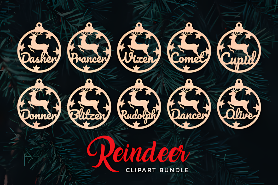 Ten flying characters with name plaques from Dasher to Rudolph in a reindeer ornament laser cut svg set