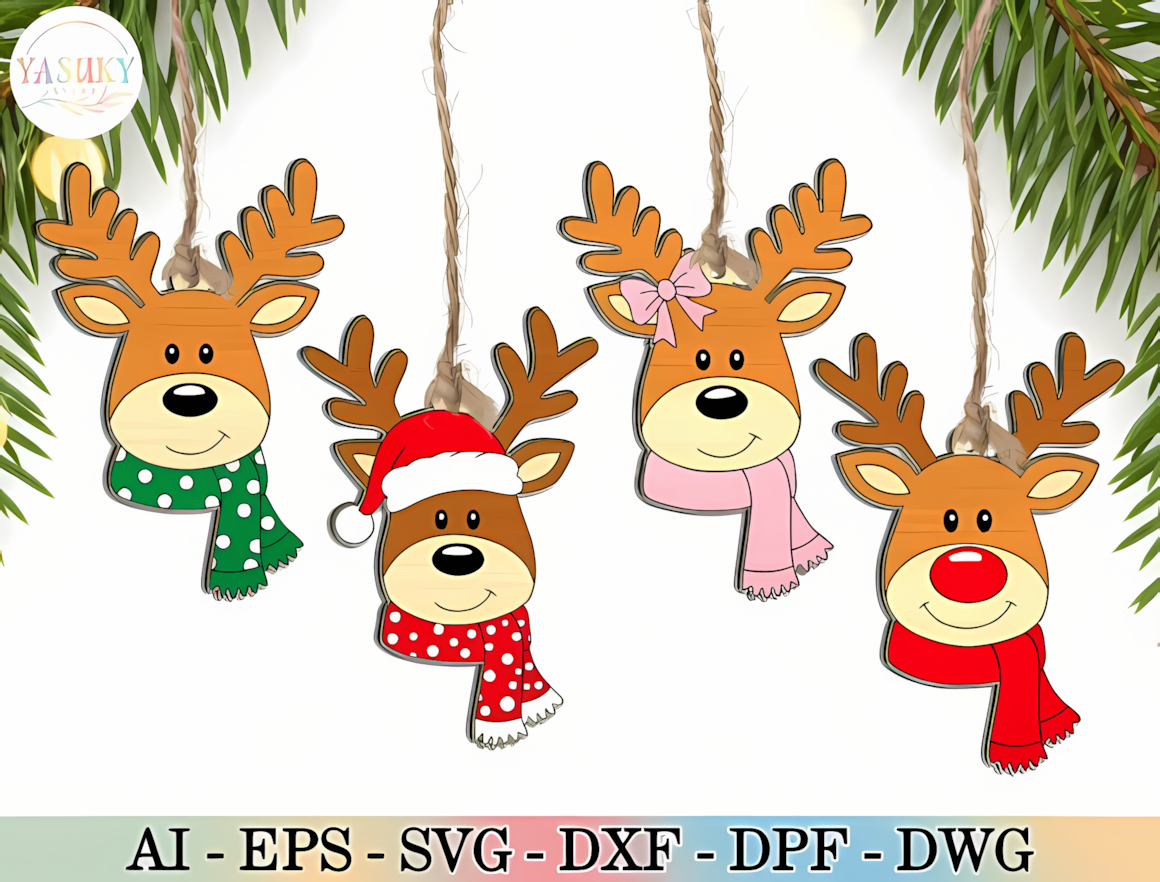 Sweet antlered character with rosy cheeks and a bell collar in a reindeer ornament laser cut svg