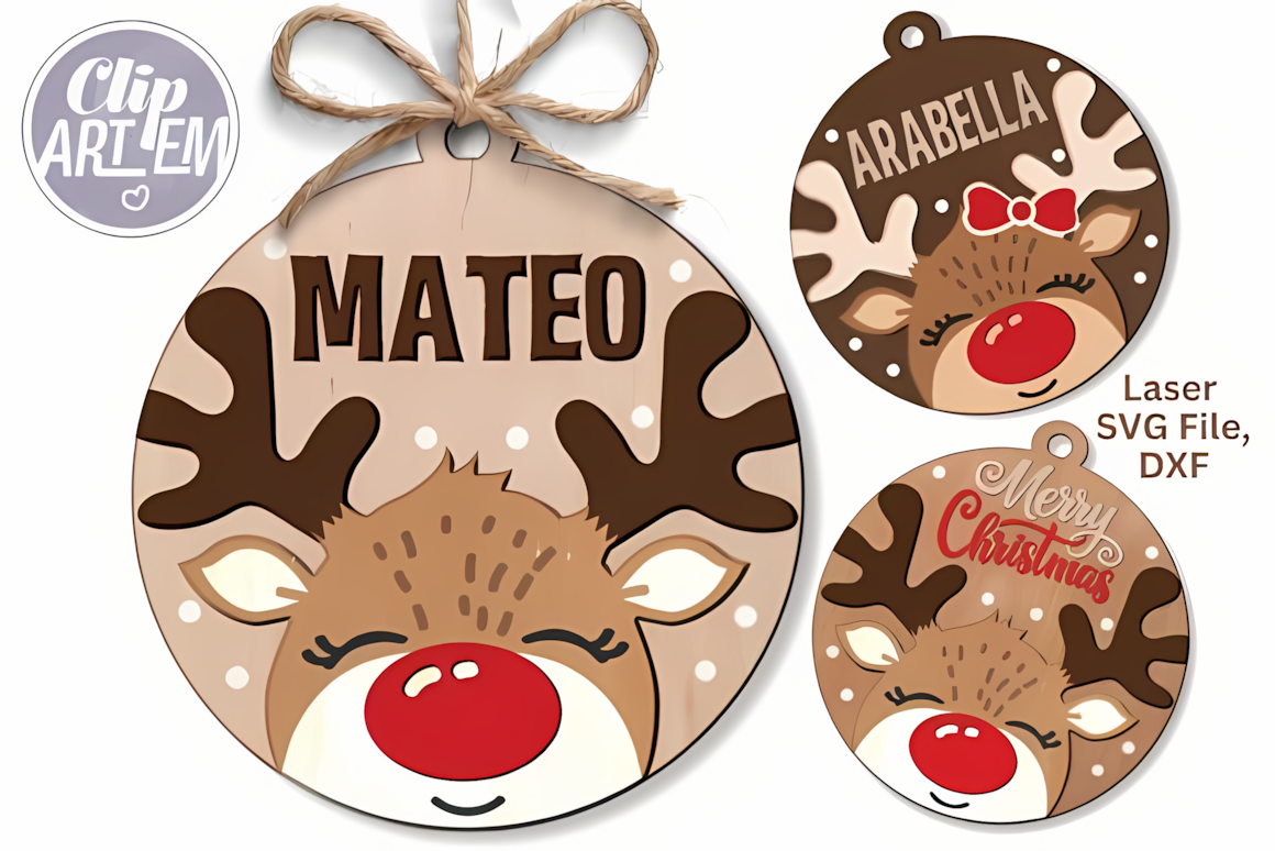 Boy and girl reindeer with stacked wooden layers hanging on a pine branch as a reindeer ornament laser cut svg