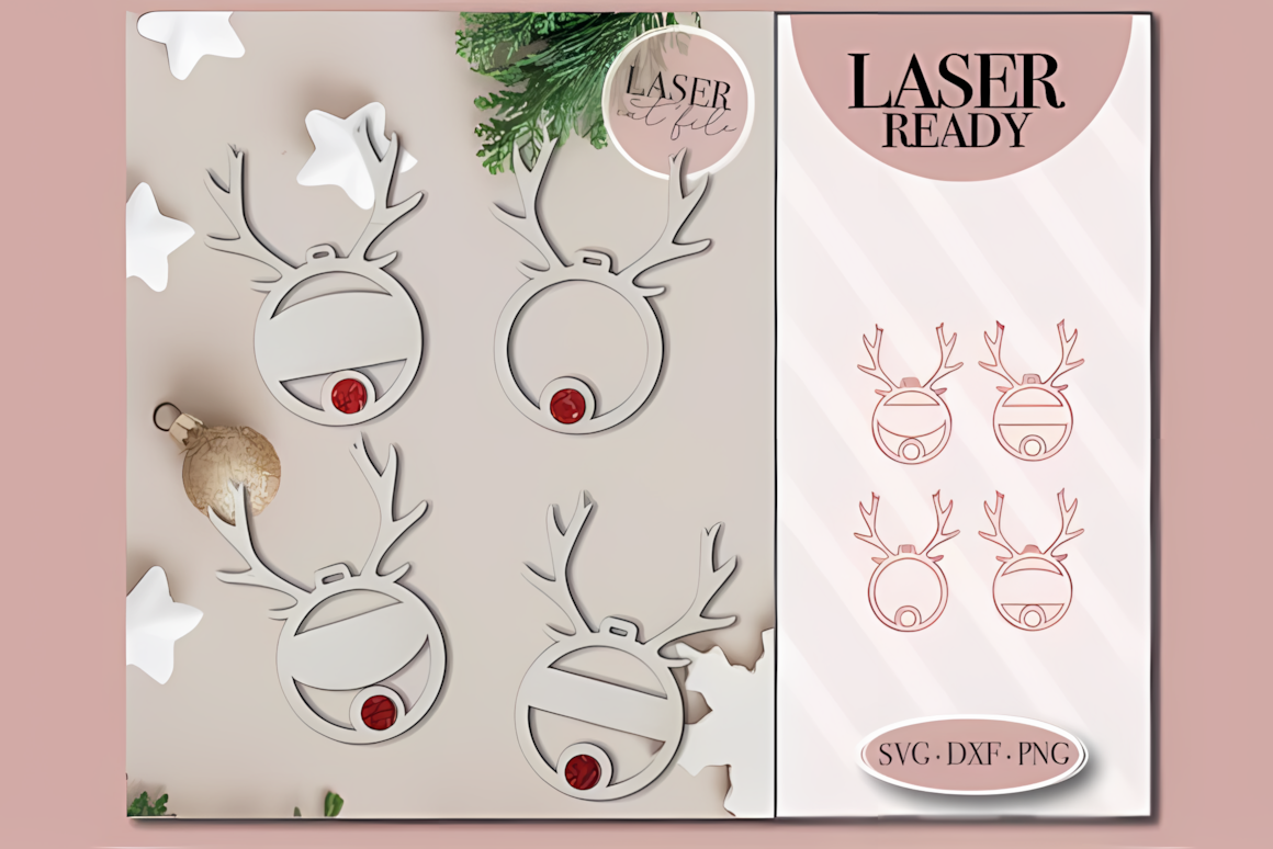 Round tree ornament with an antlered face and a ribbon loop in a reindeer ornament laser cut svg