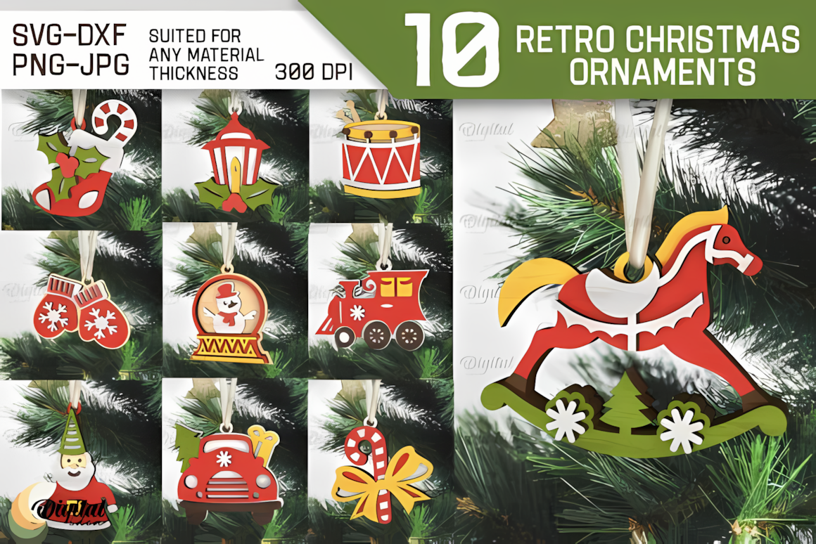 Retro starburst and teardrop shapes in a laser cut christmas baubles collection on a vintage tree