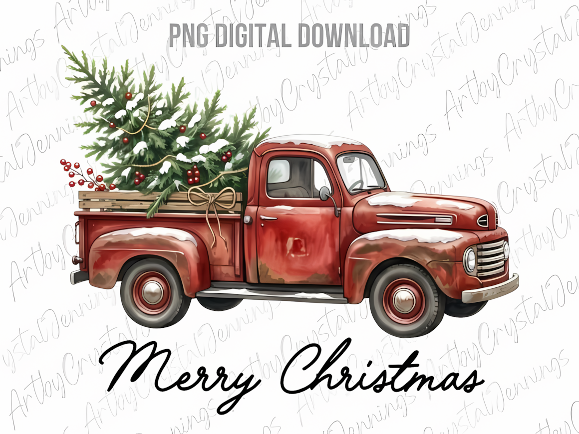 vintage red christmas truck png in retro artistic style